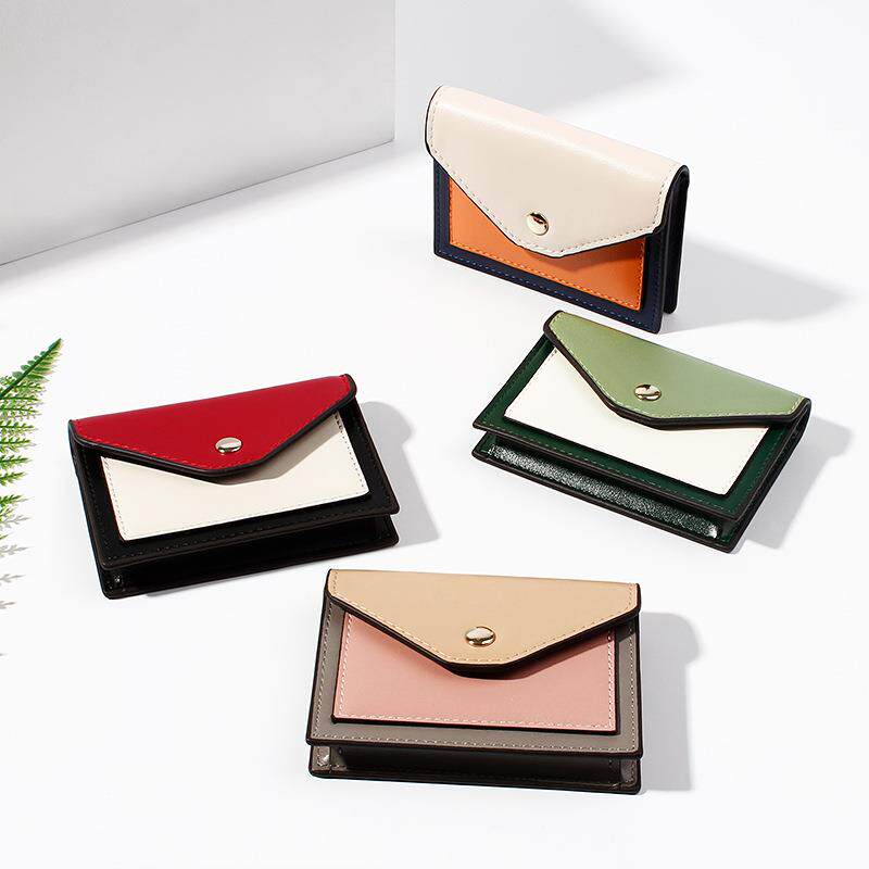 レディース二つ折り財布 配色切替デザイン本革ミニ二つ折り財布