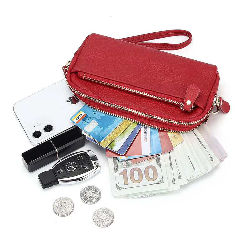 レディース二つ折り財布 三層ファスナー付き本革手持ち財布