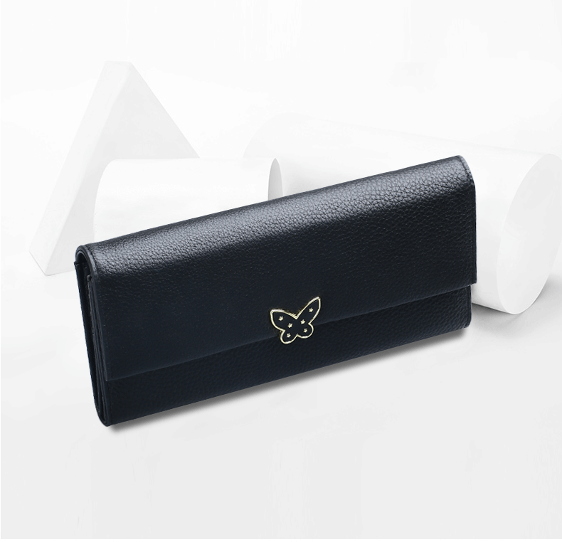 レディース二つ折り財布 蝶々モチーフ金具付き本革二つ折り財布