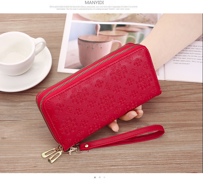 レディース二つ折り財布 エレガント型押し模様ラウンドファスナー二つ折り財布