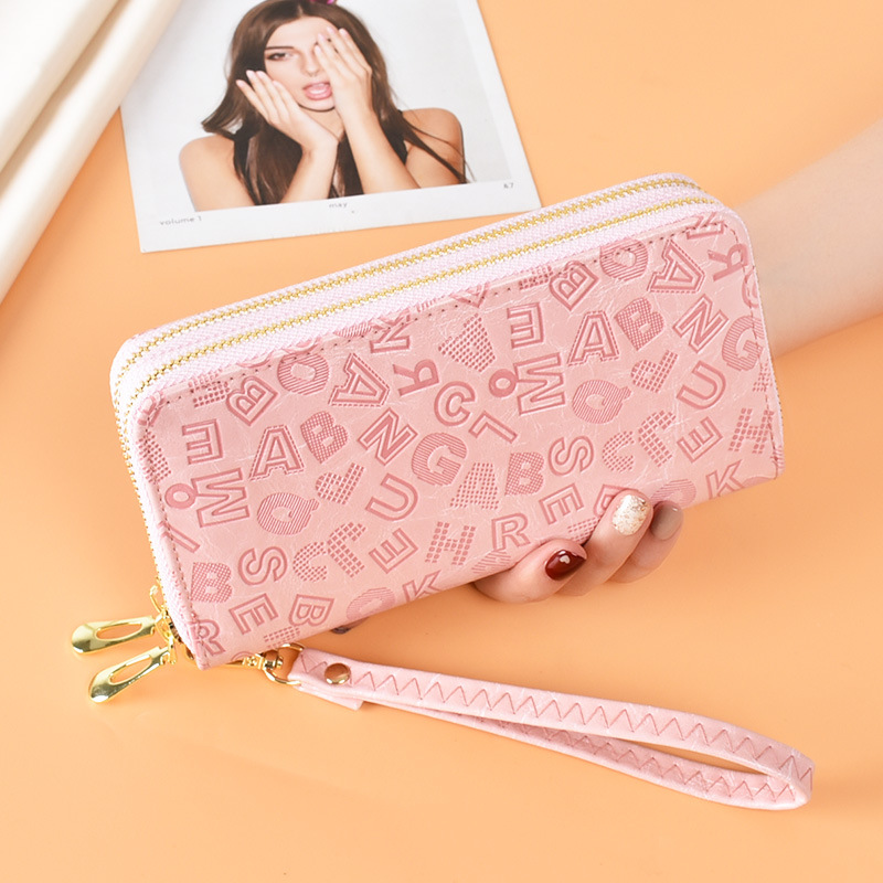 レディース二つ折り財布 文字柄型押し手首紐付きレディース二つ折り財布