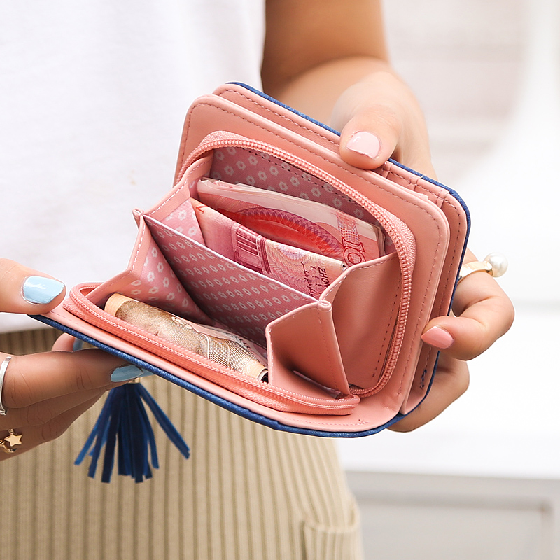 レディース二つ折り財布 多機能収納タッセル付きコンパクト二つ折り財布