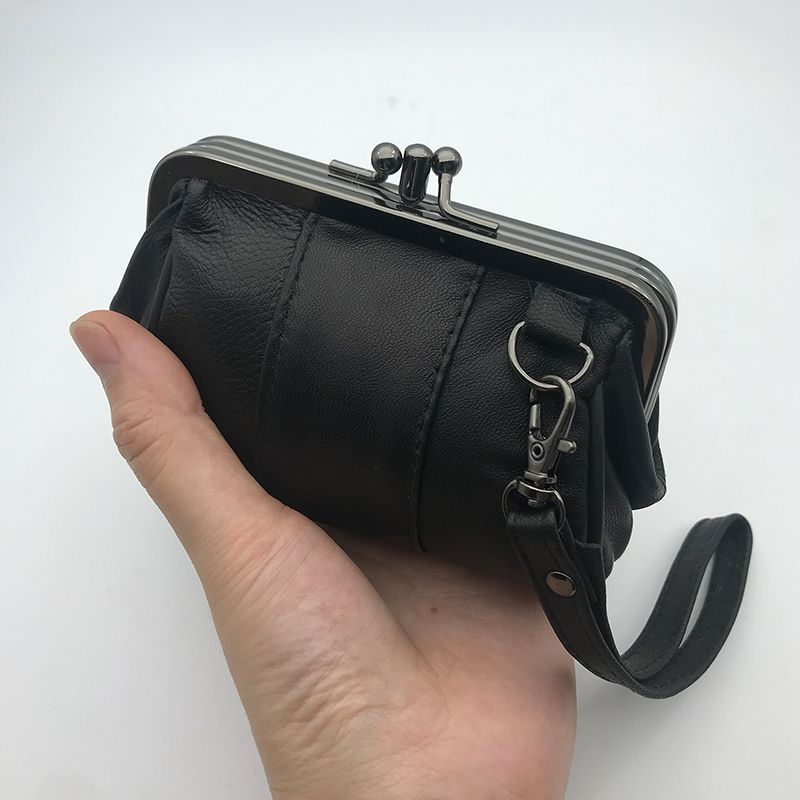 レディース二つ折り財布 縦型ステッチデザインストラップ付きがま口財布