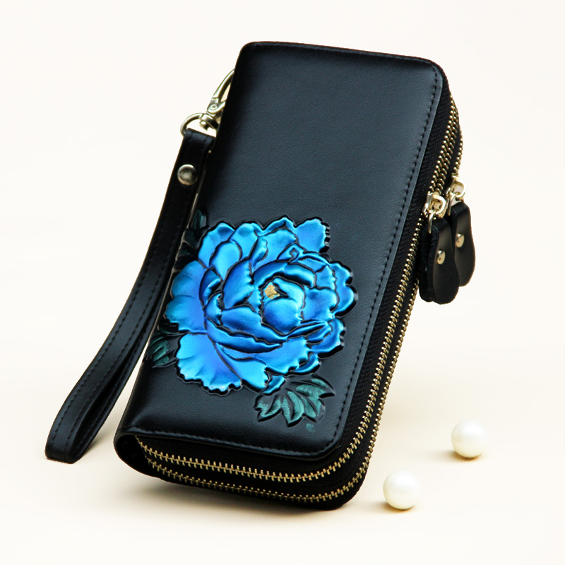 レディース二つ折り財布 花柄刺繍レザー二つ折り財布ストラップ付き