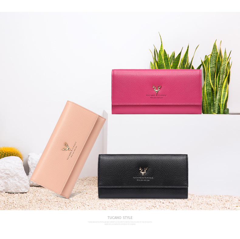 レディース二つ折り財布 上品な鹿の頭モチーフ付きレザー長財布