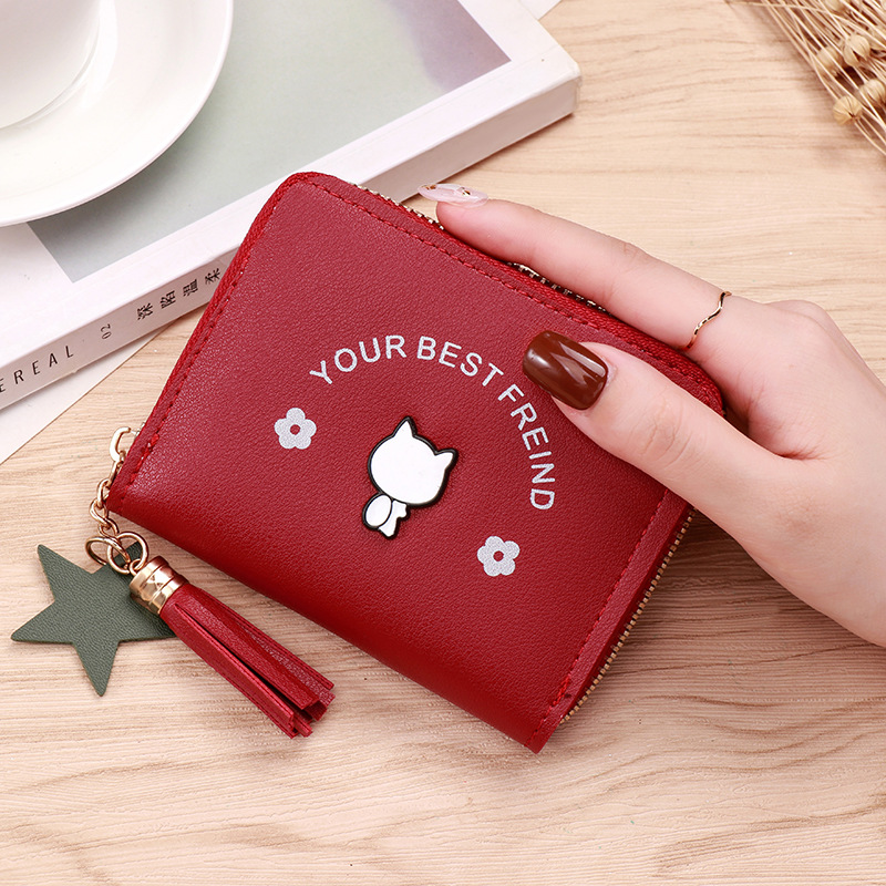 レディース二つ折り財布 猫柄タッセル付き星型チャーム二つ折り財布