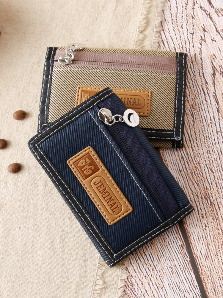レディース二つ折り財布 デニム風生地ステッチデザイン二つ折り財布