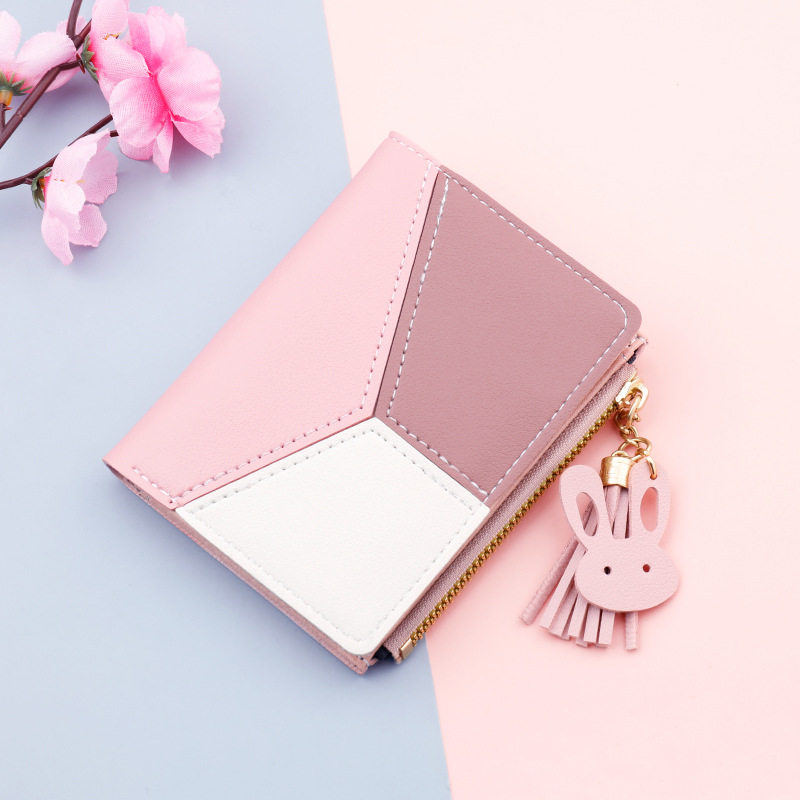 レディース二つ折り財布 うさぎチャーム付き配色切替レディース二つ折り財布ミニ