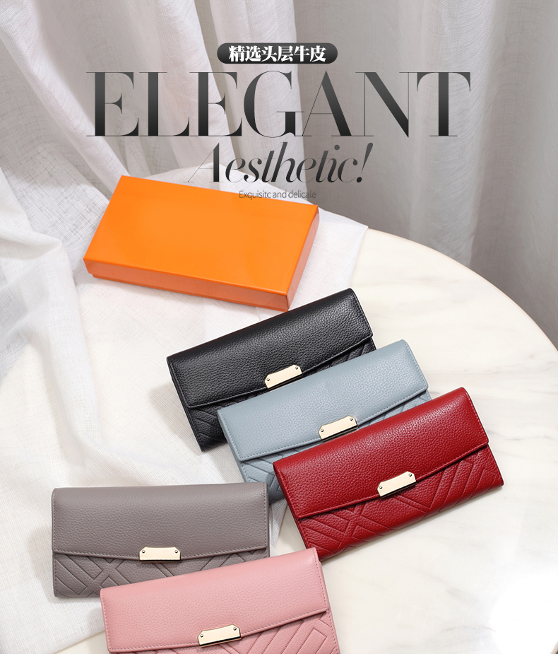 レディース二つ折り財布 幾何学模様金具付き上質レザー長財布