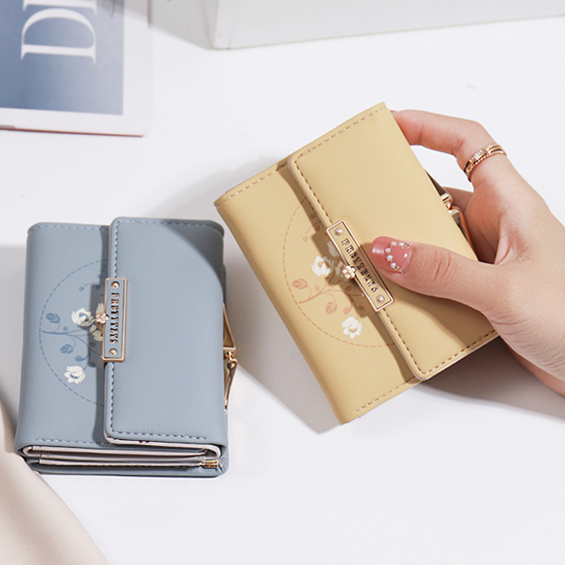 レディース二つ折り財布 花柄刺繍レディース二つ折りがま口財布