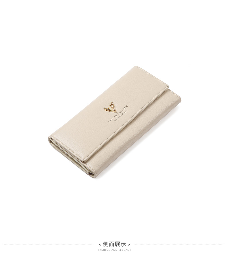 レディース二つ折り財布 上品な鹿の頭モチーフ付きレザー長財布