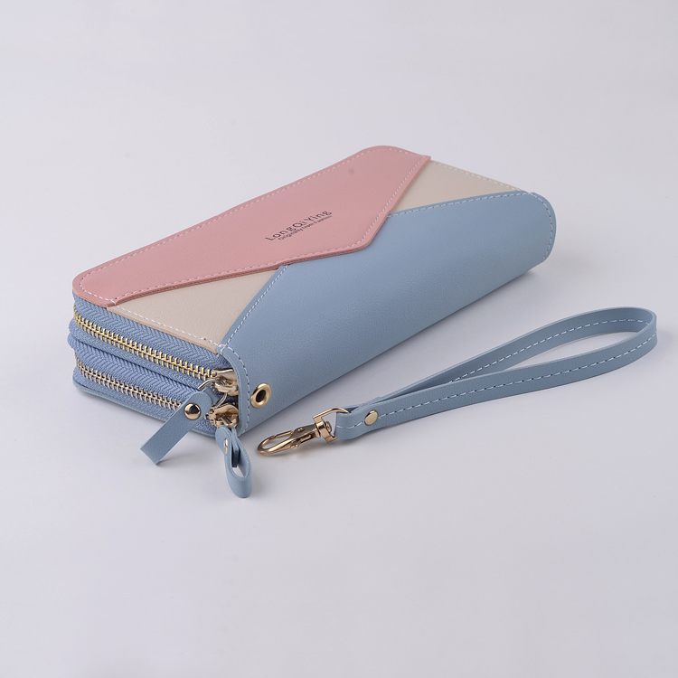 レディース二つ折り財布 幾何学パッチワーク手首紐付き二つ折り長財布