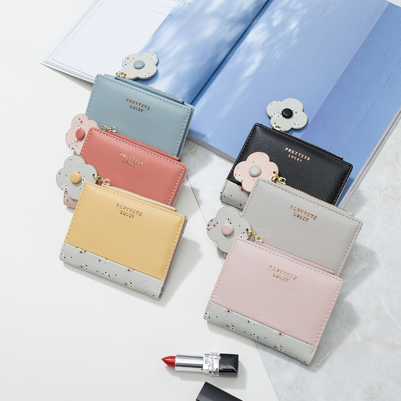 レディース二つ折り財布 花飾り付きコンパクト二つ折り財布