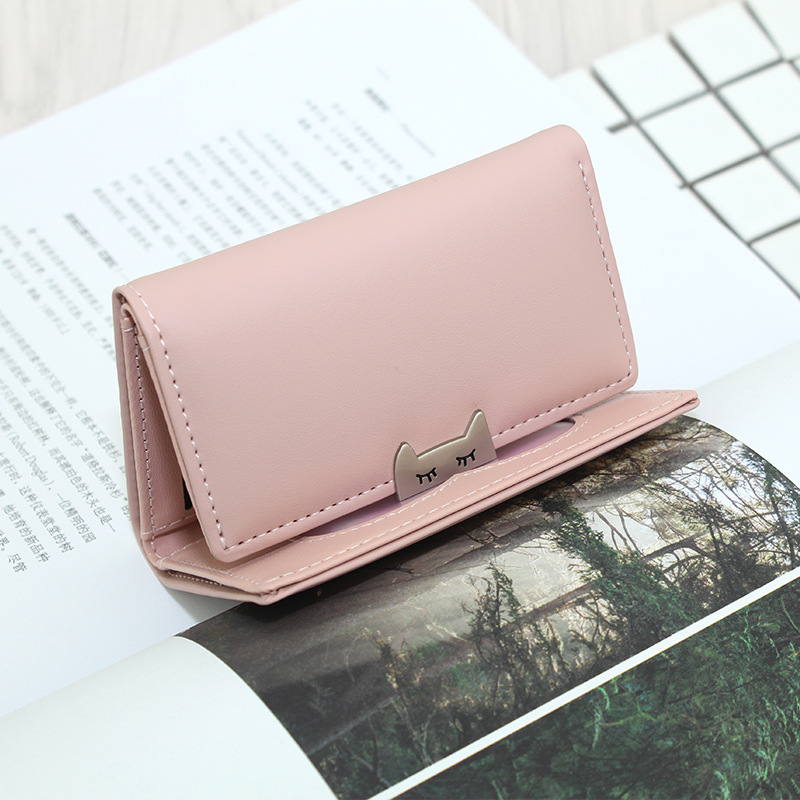 レディース二つ折り財布 猫モチーフ金具付き三つ折りミニ財布