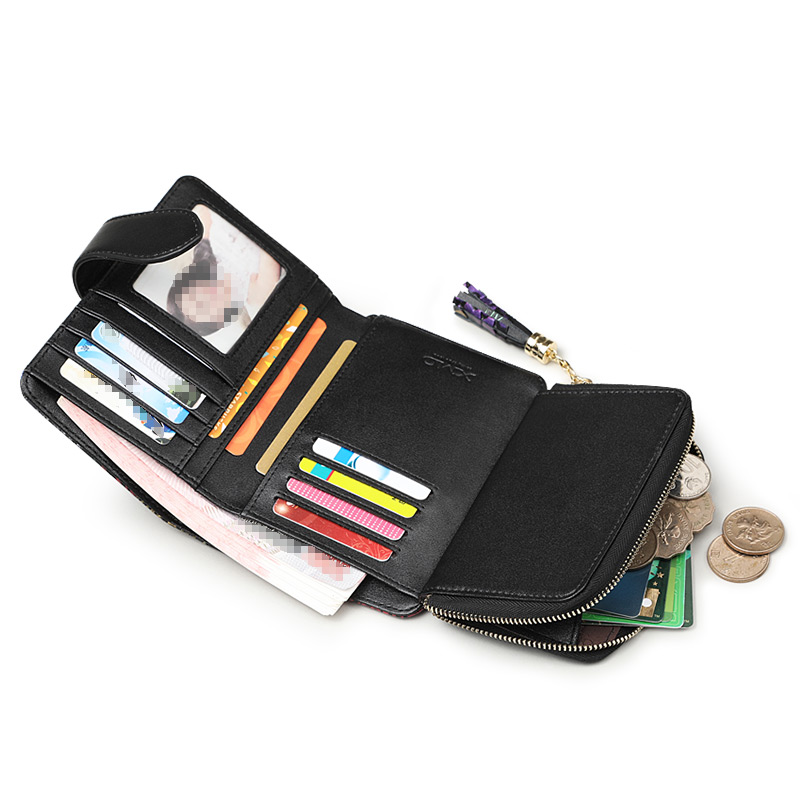 レディース二つ折り財布 花柄刺繍タッセル付きミニ財布