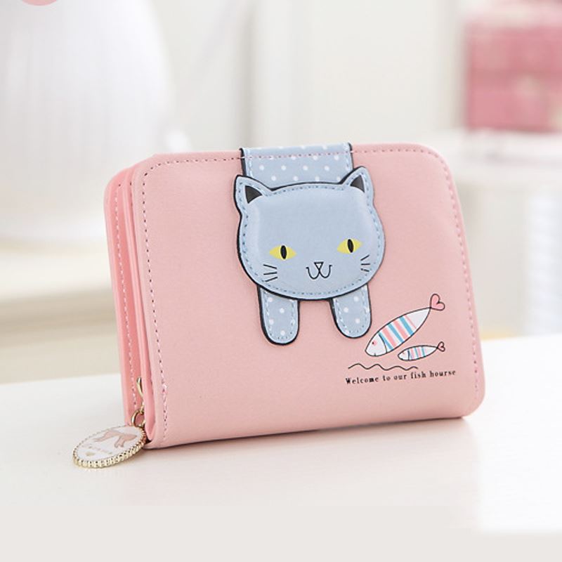 レディース二つ折り財布 子猫刺繍デザイン可愛いミニ財布チェーン付き