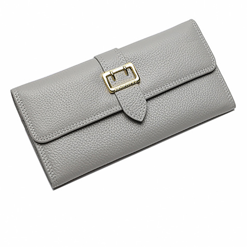 レディース二つ折り財布 金属バックル付き本革二つ折り財布