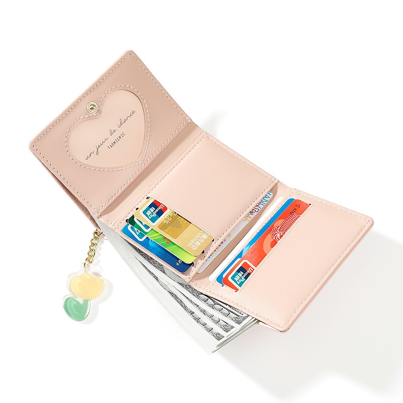 レディース二つ折り財布 花刺繍チャーム付きレディース二つ折り財布ミニ