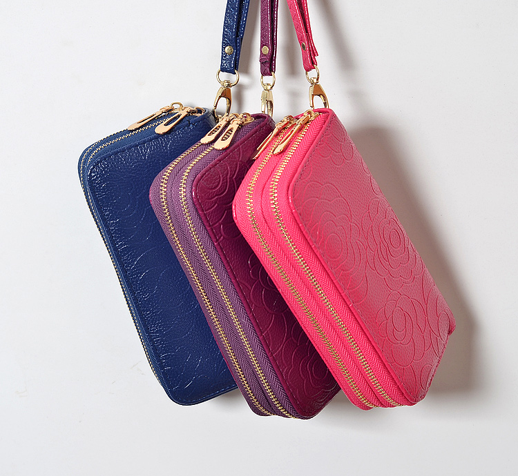 レディース二つ折り財布 花柄型押しレザー多機能ラウンドファスナー財布