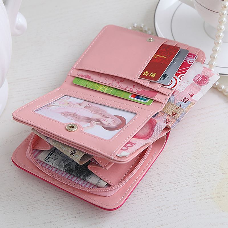 レディース二つ折り財布 子猫刺繍デザイン可愛いミニ財布チェーン付き