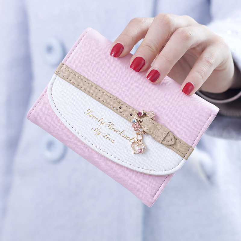 レディース二つ折り財布 花飾り付きベルトデザイン二つ折り財布