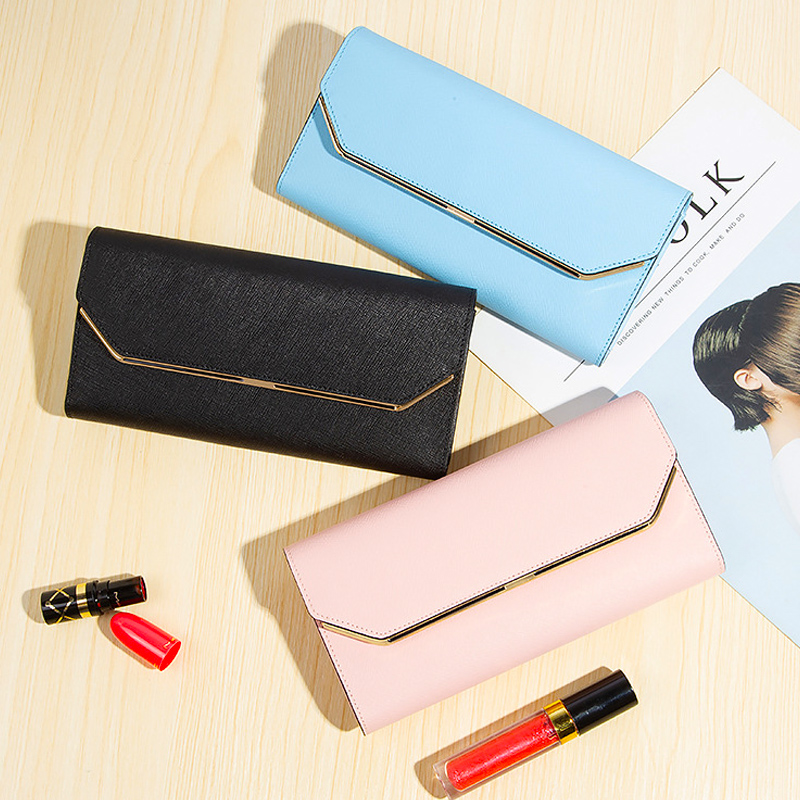 レディース二つ折り財布 上品な金属装飾付きレディース薄型二つ折り財布