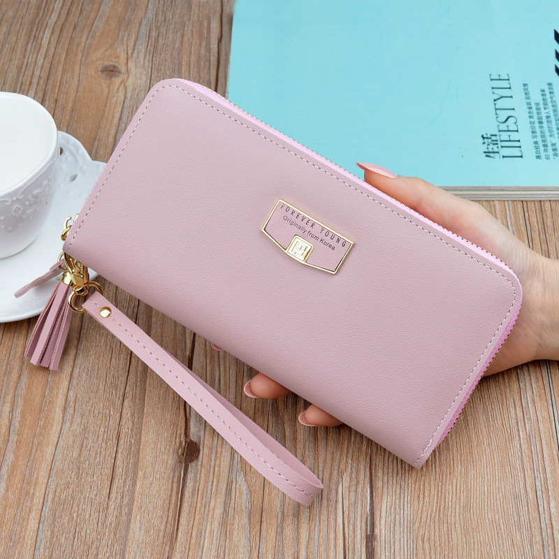 レディース二つ折り財布 タッセル付き上品レザー調ラウンドファスナー長財布