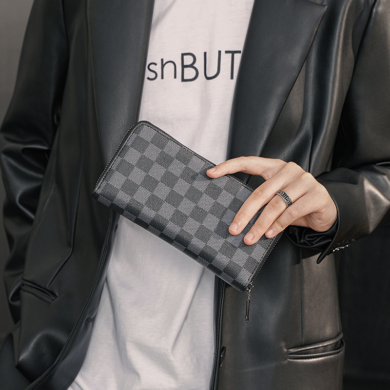 レディース二つ折り財布 市松模様型押しレザーラウンドファスナー二つ折り財布