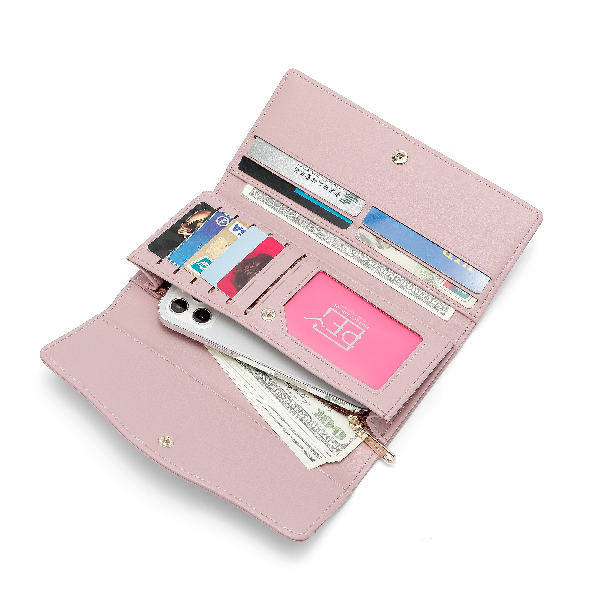 レディース二つ折り財布 上質な本革仕様金属装飾付きレディース長財布