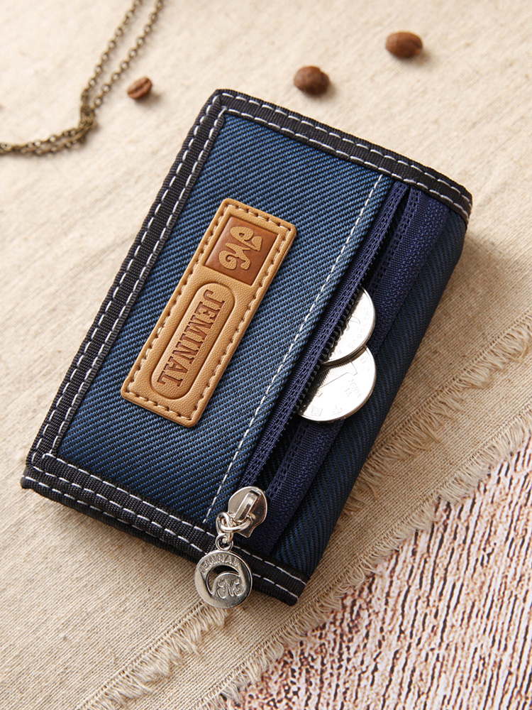 レディース二つ折り財布 デニム風生地ステッチデザイン二つ折り財布