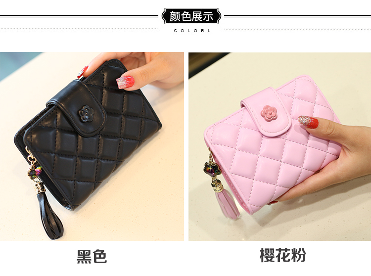 レディース二つ折り財布 キルティング柄花飾り付きレザー調二つ折り財布