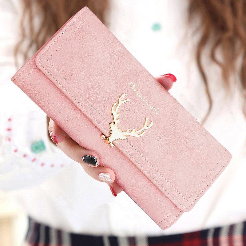 レディース二つ折り財布 鹿モチーフ金具付きスエード調二つ折り財布