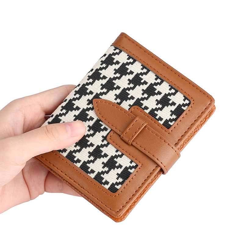 レディース二つ折り財布コンパクト 千鳥格子柄が映える本革ベルト付き二つ折り財布