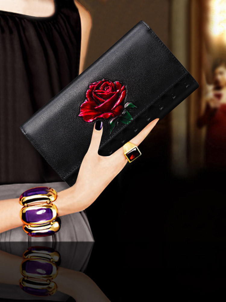 レディース二つ折り財布 薔薇刺繍レザー二つ折り長財布