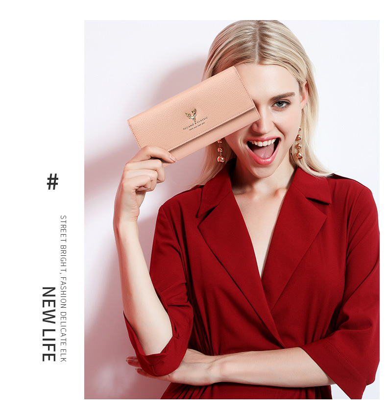 レディース二つ折り財布 上品な鹿の頭モチーフ付きレザー長財布