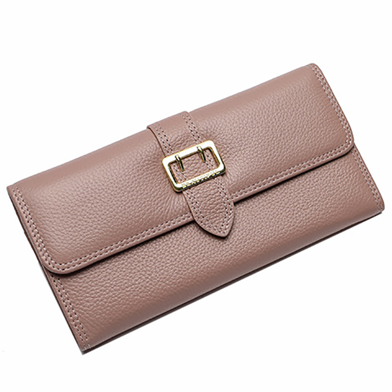 レディース二つ折り財布 金属バックル付き本革二つ折り財布