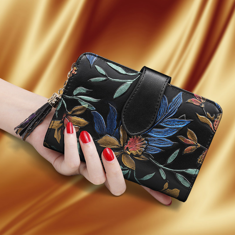 レディース二つ折り財布 花柄刺繍タッセル付きミニ財布