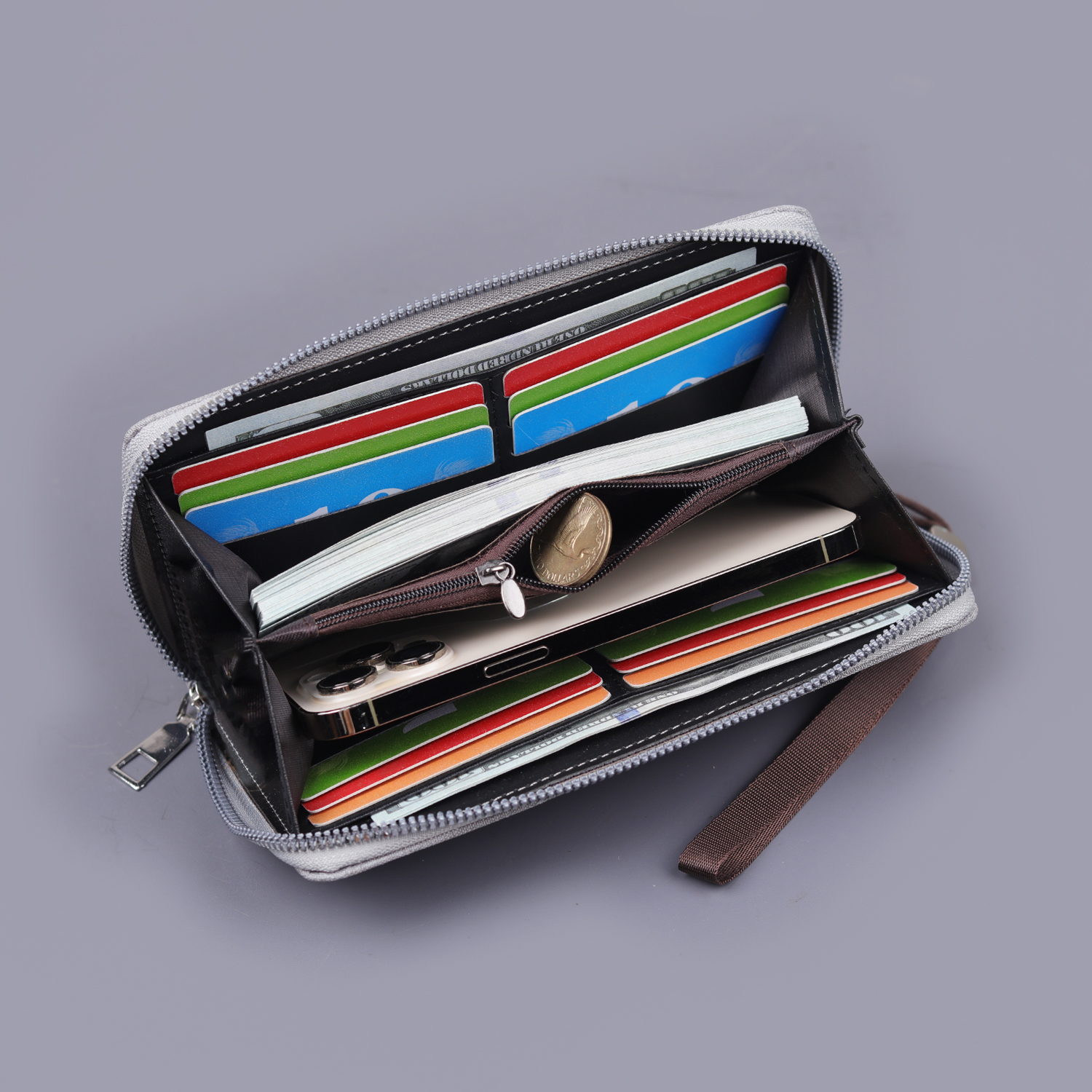 レディース二つ折り財布 大容量多機能ストラップ付きラウンドファスナー財布