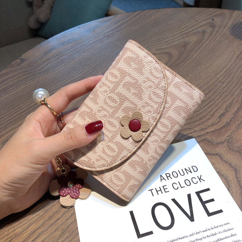 レディース二つ折り財布 花飾り付きコンパクト二つ折り財布