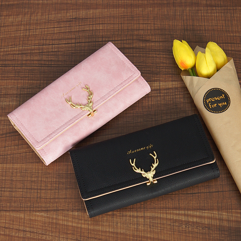 レディース二つ折り財布 鹿モチーフ金具付きスエード調二つ折り財布
