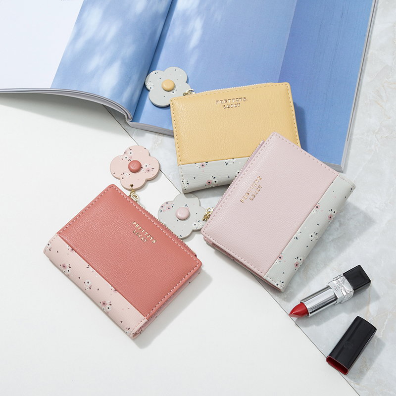 レディース二つ折り財布 花飾り付きコンパクト二つ折り財布