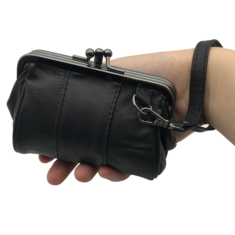 レディース二つ折り財布 縦型ステッチデザインストラップ付きがま口財布