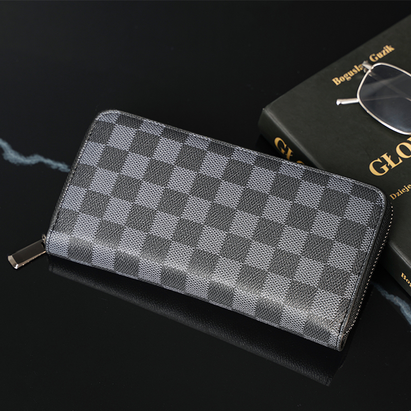 レディース二つ折り財布 市松模様型押しレザーラウンドファスナー二つ折り財布