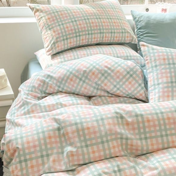 布団カバー 格子模様の両面使い布団カバーセット
