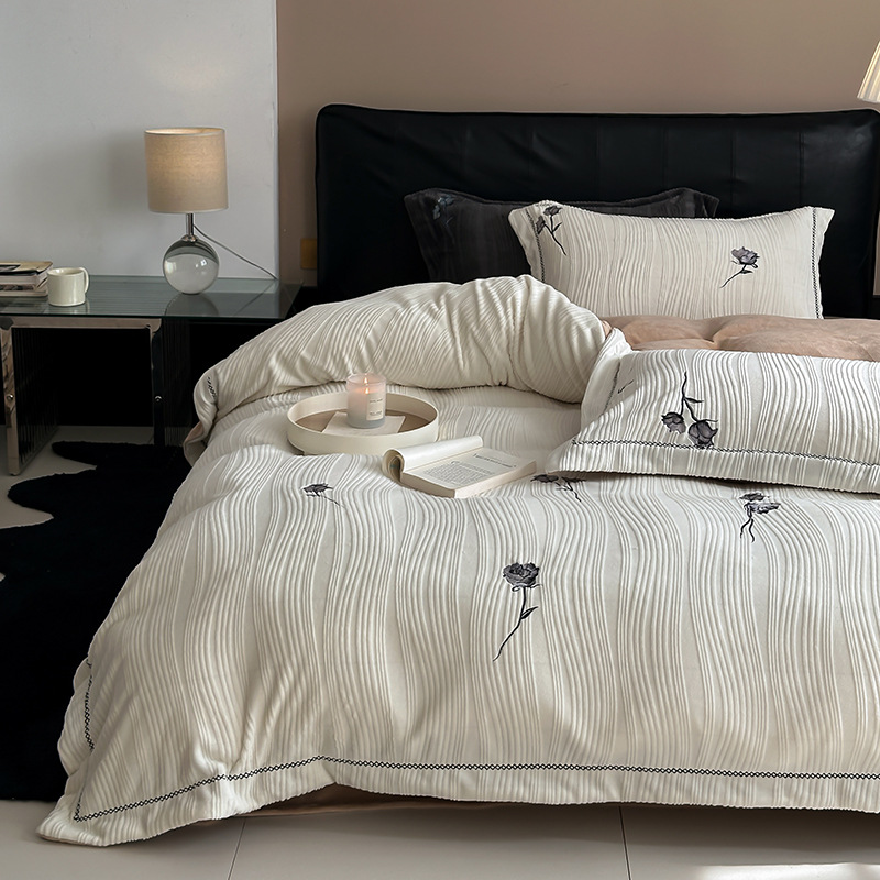 布団カバー セット 薔薇刺繍縞模様布団カバーセット