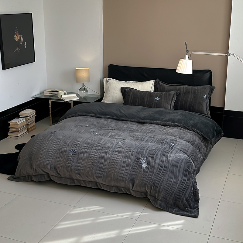 布団カバー セット 薔薇刺繍縞模様布団カバーセット