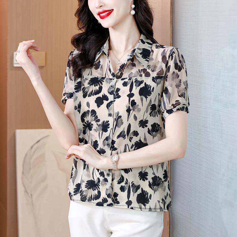 柄シャツ 水墨花模様の涼やか半袖シャツ