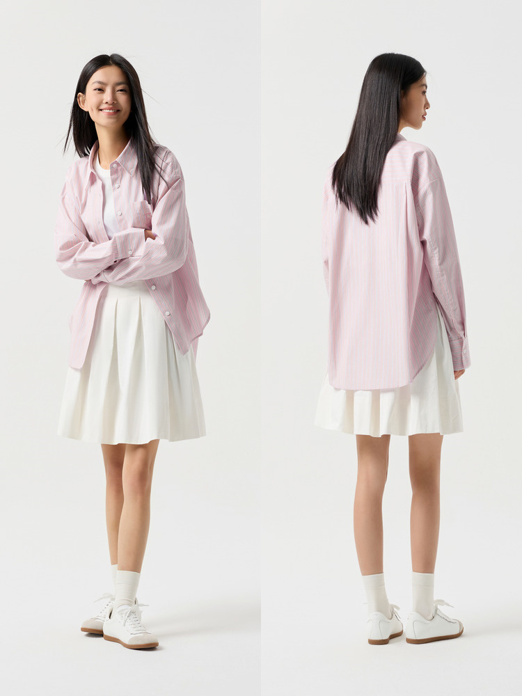 柄シャツ ストライプ調ゆったりチェック柄シャツ