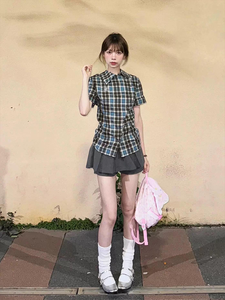 柄シャツ 柄シャツ 爽やか格子模様 半袖シャツ