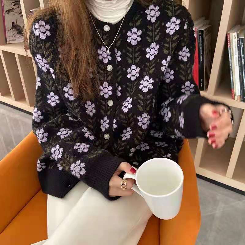 花柄シャツ風ニットカーディガン レトロ調長袖羽織り